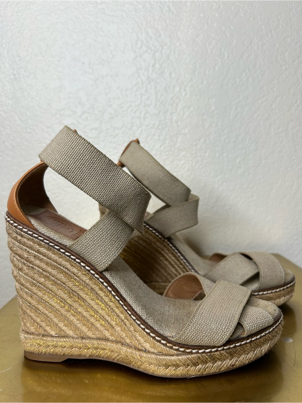 Tory Burch Beige Canvas Ankle-Wrap Wedge Sandals